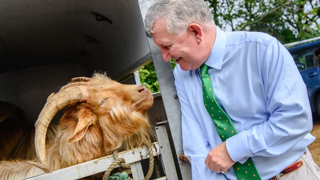 Lt-Governor Sir Richard Cripwell meets one of the goats at Government House. 