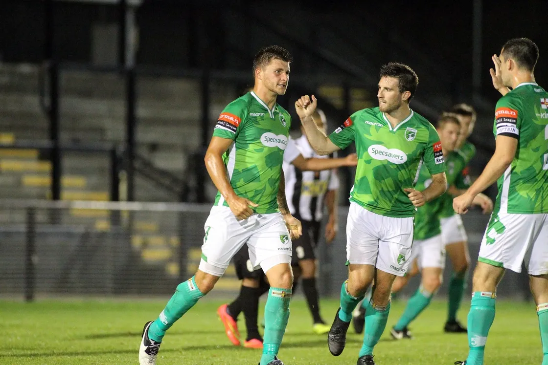 Jack Domaille celebrates scoring at Tooting and Mitcham in the twilight of his football career.