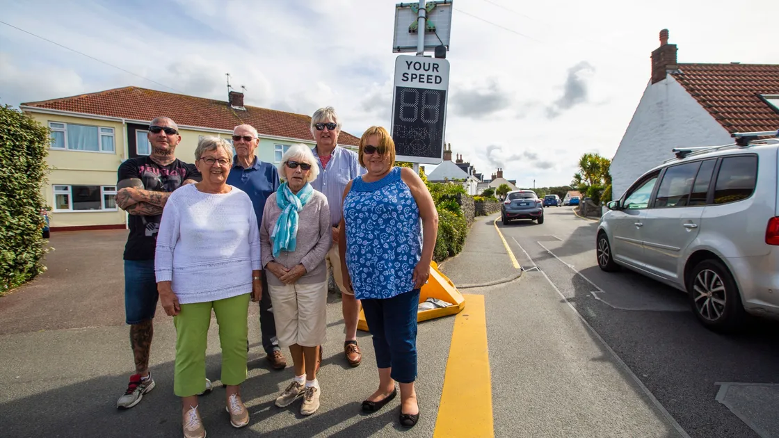 Picture by Sophie Rabey.  07-09-20.  Residents of Rue du Bouverie are upset that their street has now been turned into race track and always full of traffic due to the road closures around Cobo and new diversions..L-R Craig Horey, Lucy Vaudin, Peter Vaudin, Sue Sykes, Ricky Guilmoto and Sue Edmonds.. (28663373)