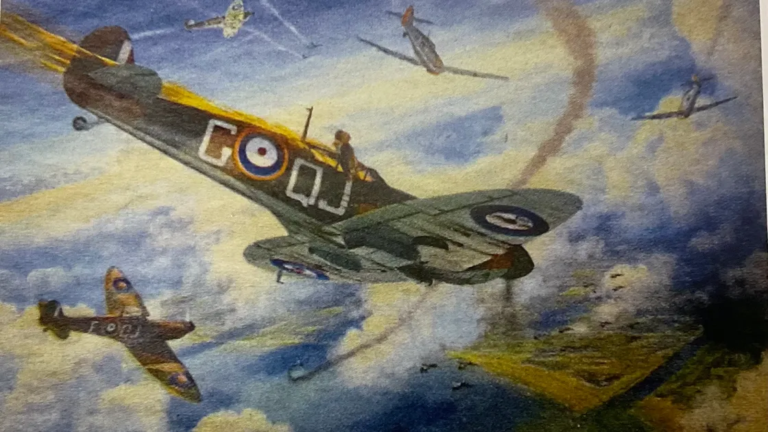 Mark Postlethwaite’s To Fight Another Day picture depicts Bill Watling baling out of his Spitfire in September 1940. The painting was commissioned by Watling’s fellow OE Rob Champion who idolised the legendary pair of Rose and Watling.	