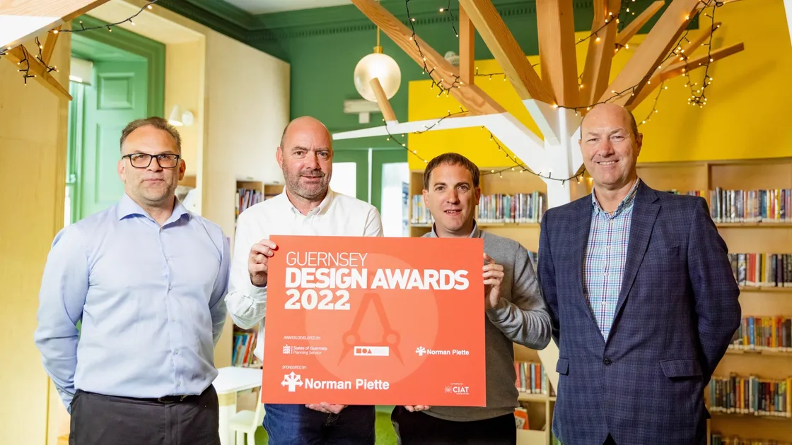 The 2022 Guernsey Design Awards are now open for entry. Pictured are the judges, left, Alun White, States of Guernsey Planning Service, Mitch Sneddon (DRP Architects), Steve Powell and John Bampkin, both of sponsor Norman Piette, at the 2020 commercial category winner, the children’s library at the Guille-Alles Library. 