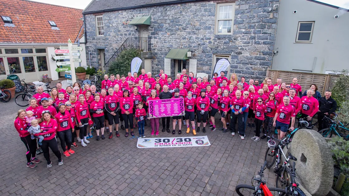 Picture by Sophie Rabey.  01-05-21.  Start of the Ian Browns 30/30 cycling challenge, raising money for Les Bourgs Hospice.  First morning meeting at Oatlands. (29501354)