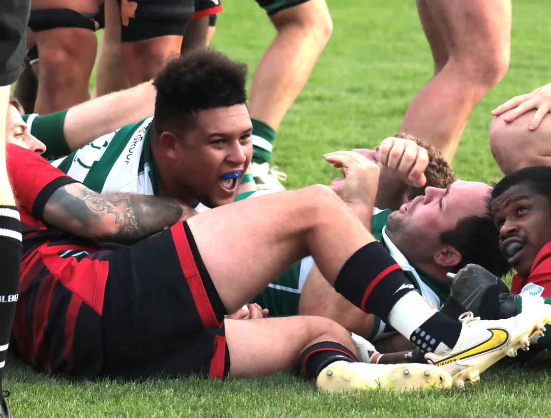Dan Morgan celebrates one of his two tries. (Picture by Mike Marshall, 31402481)
