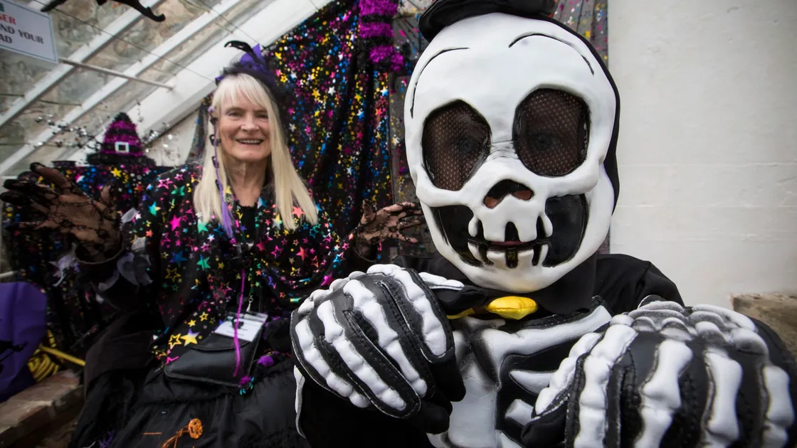 Cathy Morgan, the PR organiser for the Victorian Walled Kitchen Garden  with Louis Jones, 4, as a skeleton. (28835388)