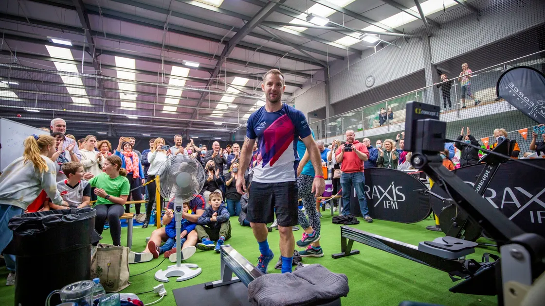 Simon Johns steps off the rowing machine as a world record-breaker at noon yesterday. He set a new record for the furthest distance in a 24-hour solo indoor row in the men’s 40-49 lightweight category. The event raised money for Bright Tights and the Priaulx Premature Baby Foundation. (Picture by Sophie Rabey, 30195054)