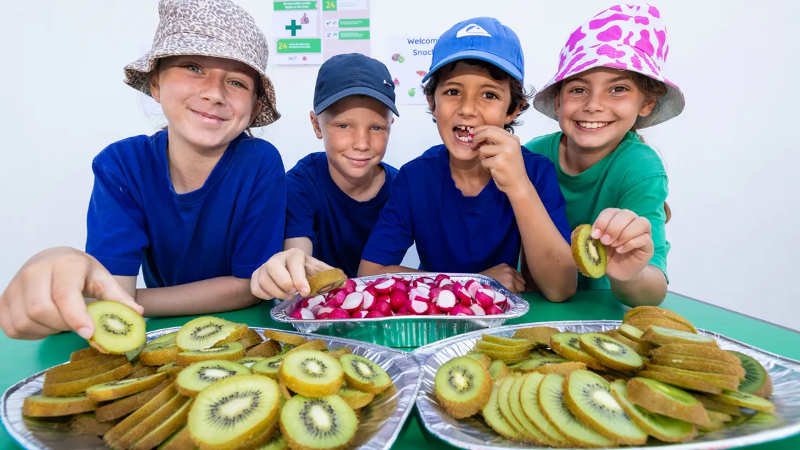 Health Improvement Commission brought its ‘Snack Shack’ to La Mare De Carteret Primary School. Left to right, Year 6 Olivia McGeoch with Year 3s Thomas Whitby, James Fairley and Mila Tardivel. 	 (Picture by Peter Frankland, 34833401)