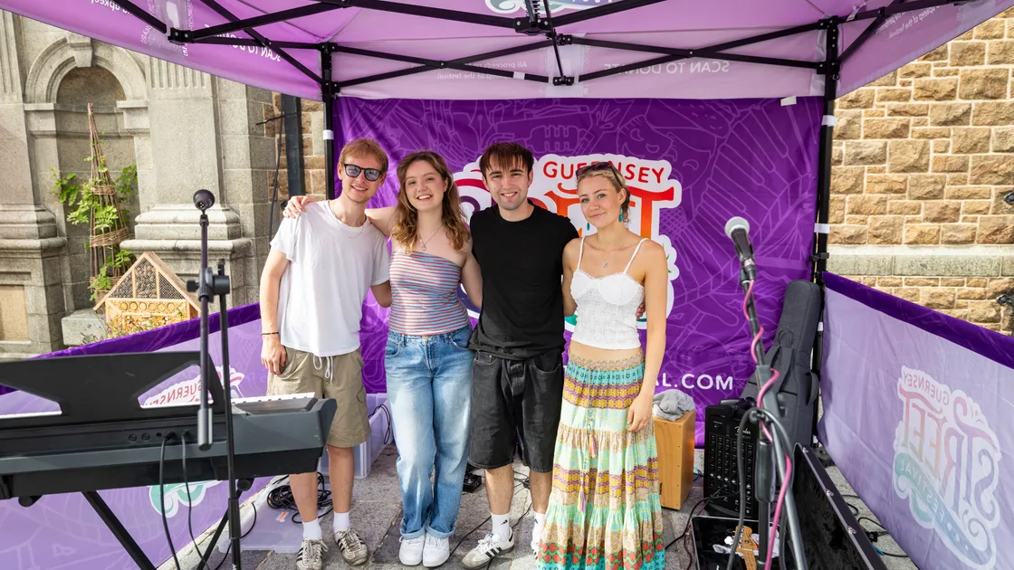 Guernsey Street Festival performers The Graduates at the Purple Zone at the Market. The friends from the Liverpool Institue are, left to right, Sam Jones, Millie Ady, George Burt and Guernsey singer and performer Rachel Dawson. (Picture by Sophie Rabey, 34869330)