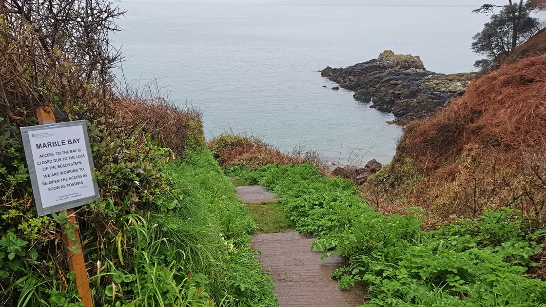 Agriculture, Countryside & Land Management Services said access to Marble Bay would be restored as soon as possible but access to the bay from the cliff path has been suspended as the steps have been damaged by tidal erosion and storms.