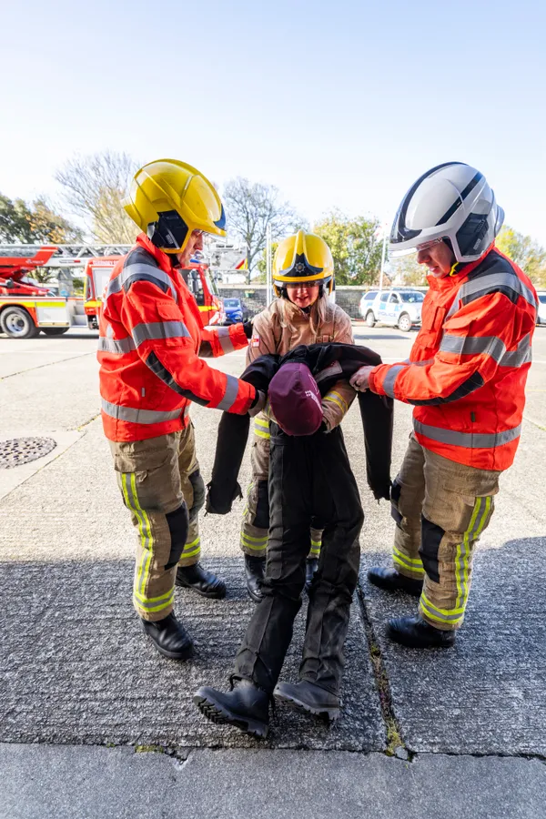 Lucy Rouget learns how to pull a person out of a dangerous situation in the correct manner as part of the Fire & Rescue Service’s fitness test.