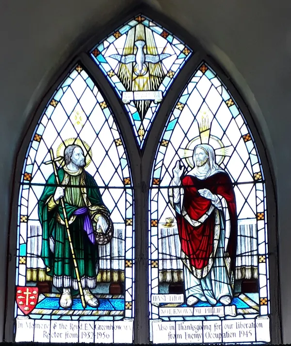 The church features only one stained glass window, which was added in the 1950s