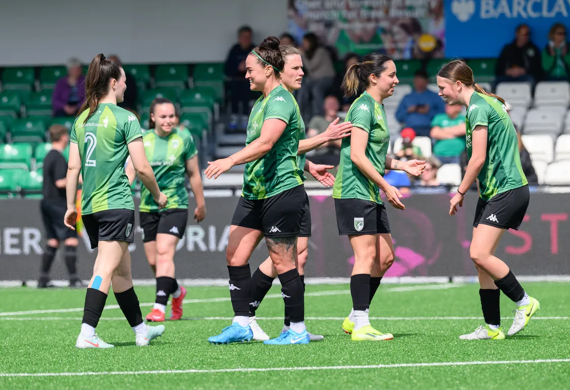 GFC Women celebrate their first goal at Victoria Park, fittingly scored by their captain Candice Bougourd, second right.