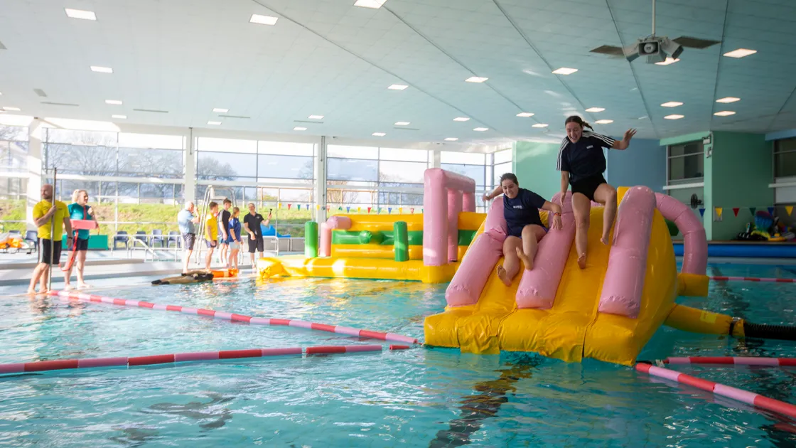 Full- and part-time lifeguards were familiarised with the new inflatables before the first public session. (Picture by Luke Le Prevost, 32005530)