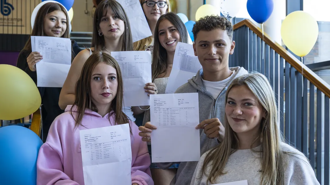 Les Beaucamps High students with their results. Front row, left to right: Annabelle Hanley and Lily Earl. Back row: Taya Griffin, Frankie Sanham, Joely Simon, Lily Mongkonlum and Louis Bell. 