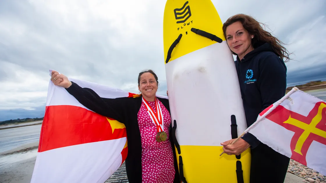 Sophie Veron, left, who won a medal at the national parasurfing championships in 2024, alongside Aqua Health and Wellbeing’s Rachael Green.