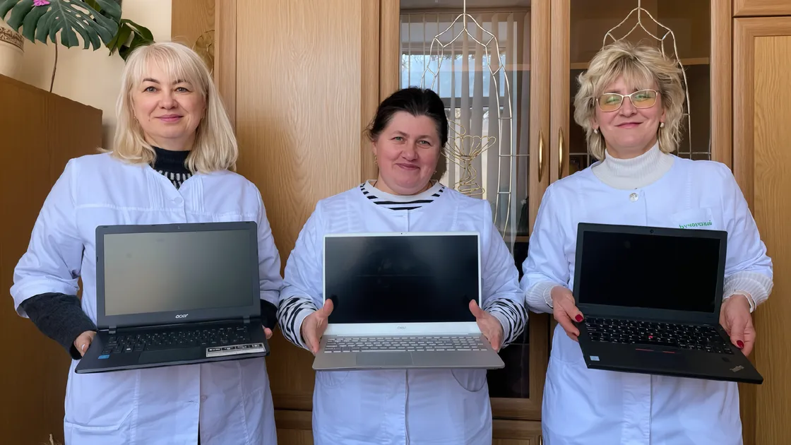 Health workers with some of the laptops I took in Bucha hospital.