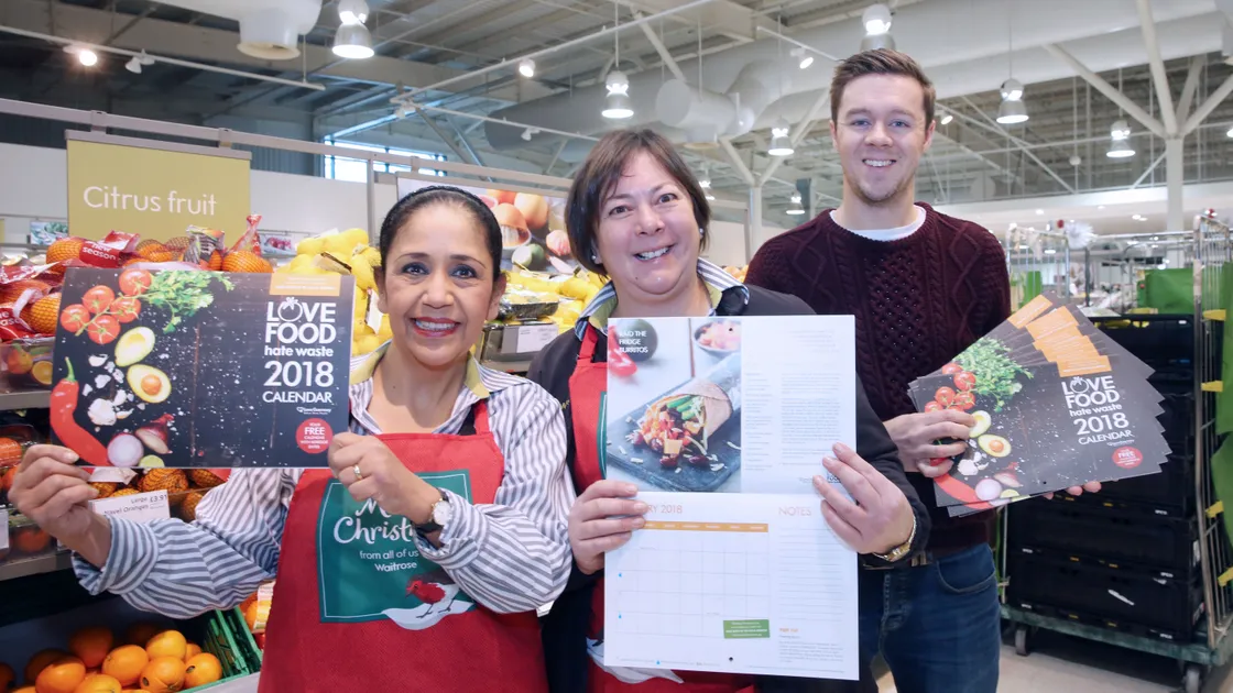 The launch of Love Food Hate Waste 2018 Calendar. Left to right, Waitrose staff Leonor de la Haye, Eve Chung and waste prevention and recycling officer Ben Henry. (Picture by Adrian Miller, 20058035)