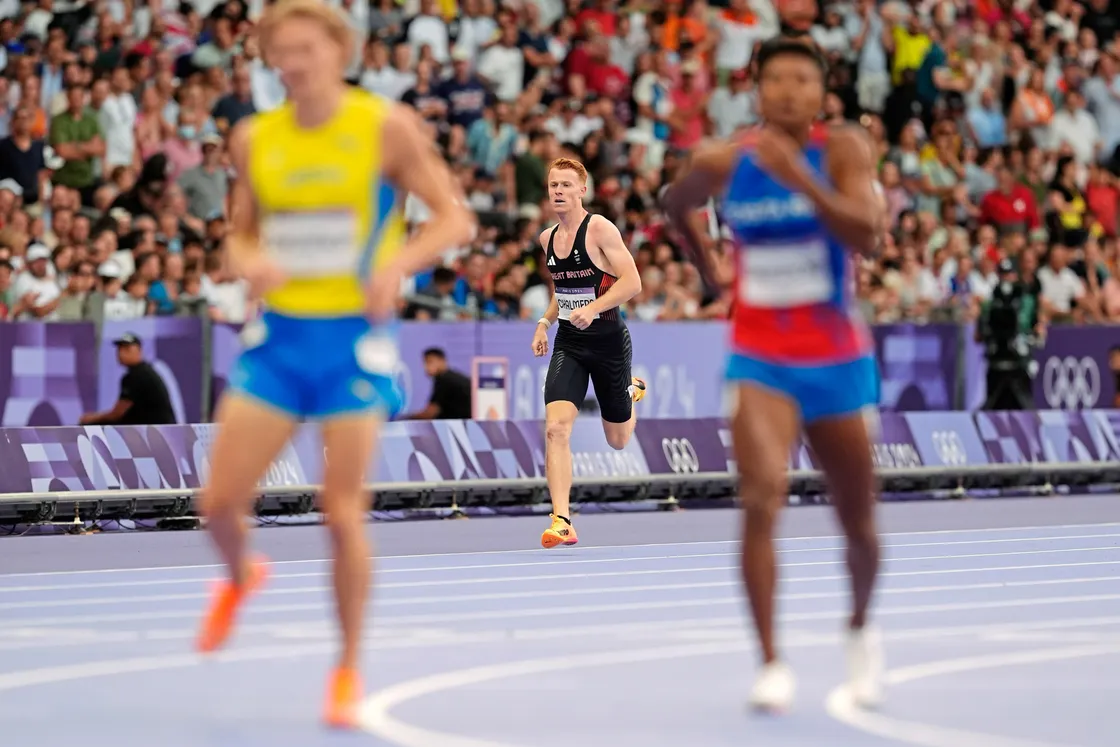 Alastair Chalmers crosses the finishing line after falling in his men's 400m hurdles Olympics semi-final at the Stade de France last night. (Picture by Martin Rickett/PA Wire, 33490567)