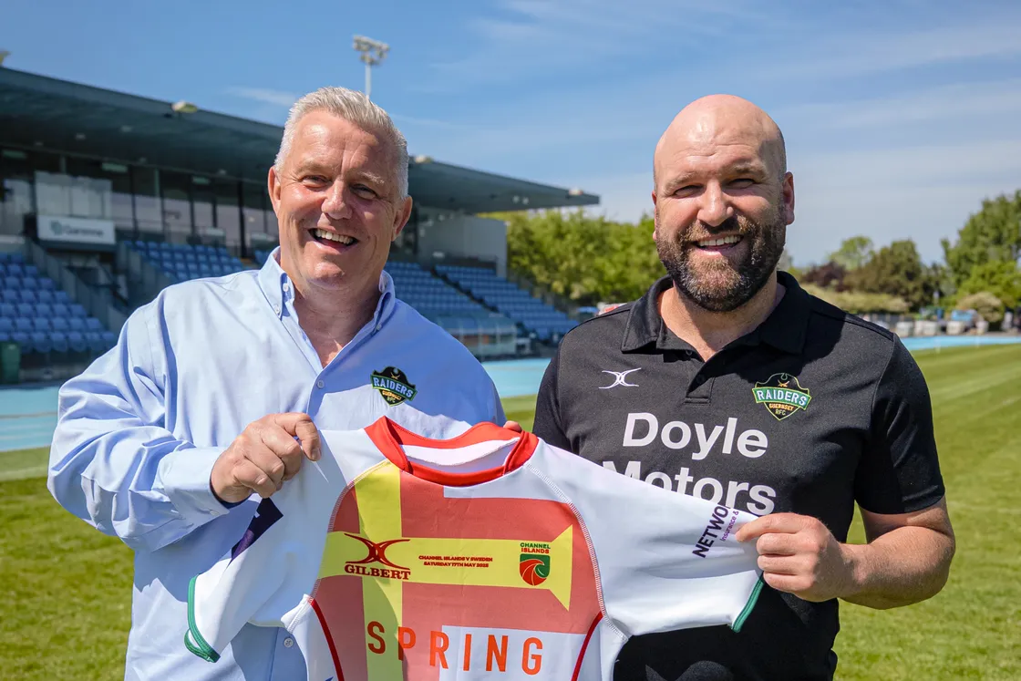 Guernsey Raiders chairman Gary Haycock-West and director of rugby Jordan Reynolds with the shirt that will be worn by the CI side.