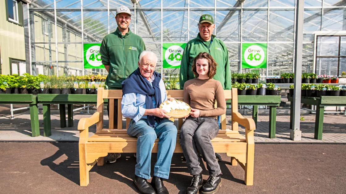 Raymond Evison commissioned Grow Ltd to make a bench that he will take with him to the Chelsea Flower Show this year to mark its and Guernsey Clematis’ 40th anniversary. Pictured left to right, Tom Rowe, Raymond Evison, Juliet Martel and Roger Lawrence. (Picture by Sophie Rabey, 33207376)