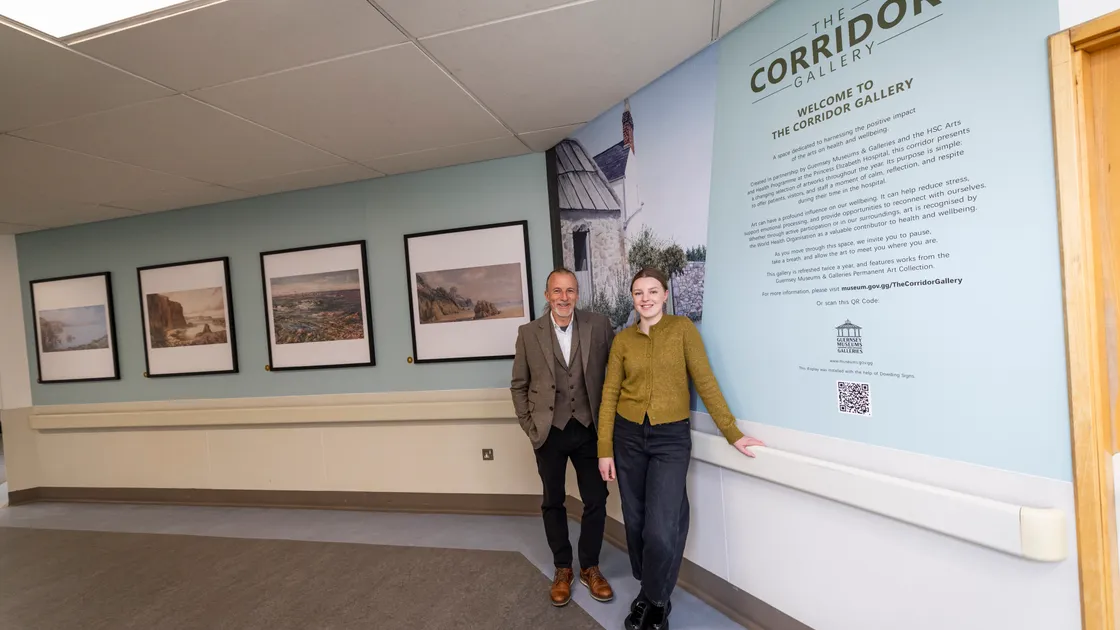 Senior curator at Guernsey Museums and Galleries Matt Harvey and assiatant curator Sophie Brehaut at the PEH’s Corridor Gallery, which will host a range of exhibitions from the museums’ art collection.  (Picture by Sophie Rabey, 34694045)