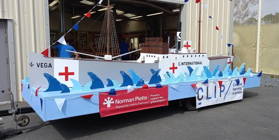 The SS Vega float built by prisoners for the 80th anniversay Liberation Day cavalcade