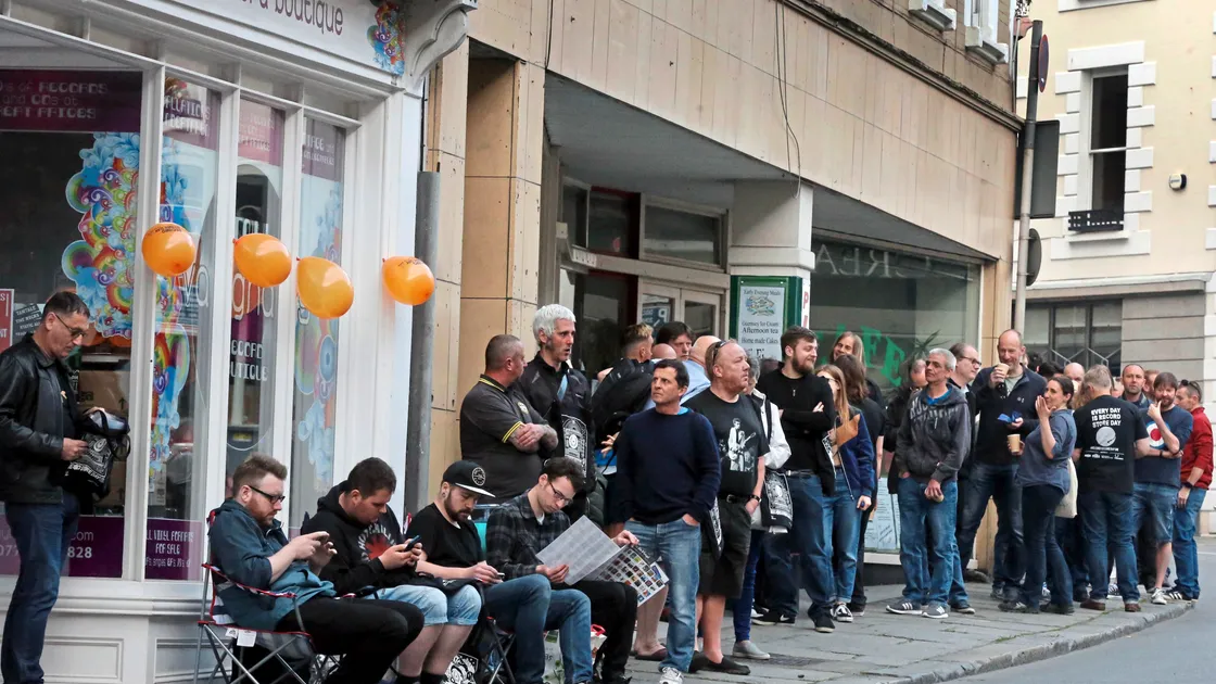 Waiting game: Record collectors had to wait their turn and queue to get into Vinyl Vaughan’s in Fountain Street. 
                                                                                                                                          (Picture by Steve Sarre, 21253014)