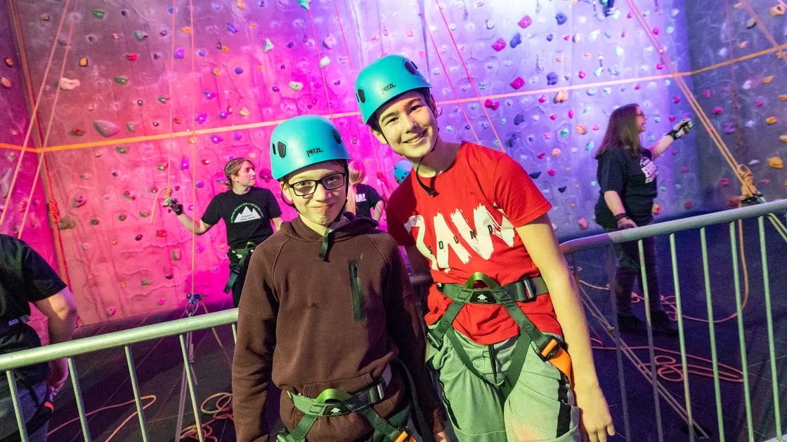 The climbing wall is used by students throughout the year for PE lessons, but come the annual Everest Challenge the lights go down, the disco projector comes on and the music blares, as climbers push their limits.