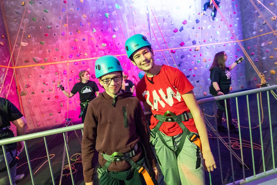 The climbing wall is used by students throughout the year for PE lessons, but come the annual Everest Challenge the lights go down, the disco projector comes on and the music blares, as climbers push their limits.