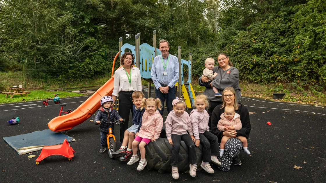 Children at La Petit Ecole pre-school with, left to right, States of Guernsey early years education officer Kate Hynes, The Guernsey Institute project lead Chris Roughsedge, and Tina Miranda-Boumaaza and Fenella Wilson of La Petite Ecole. 			