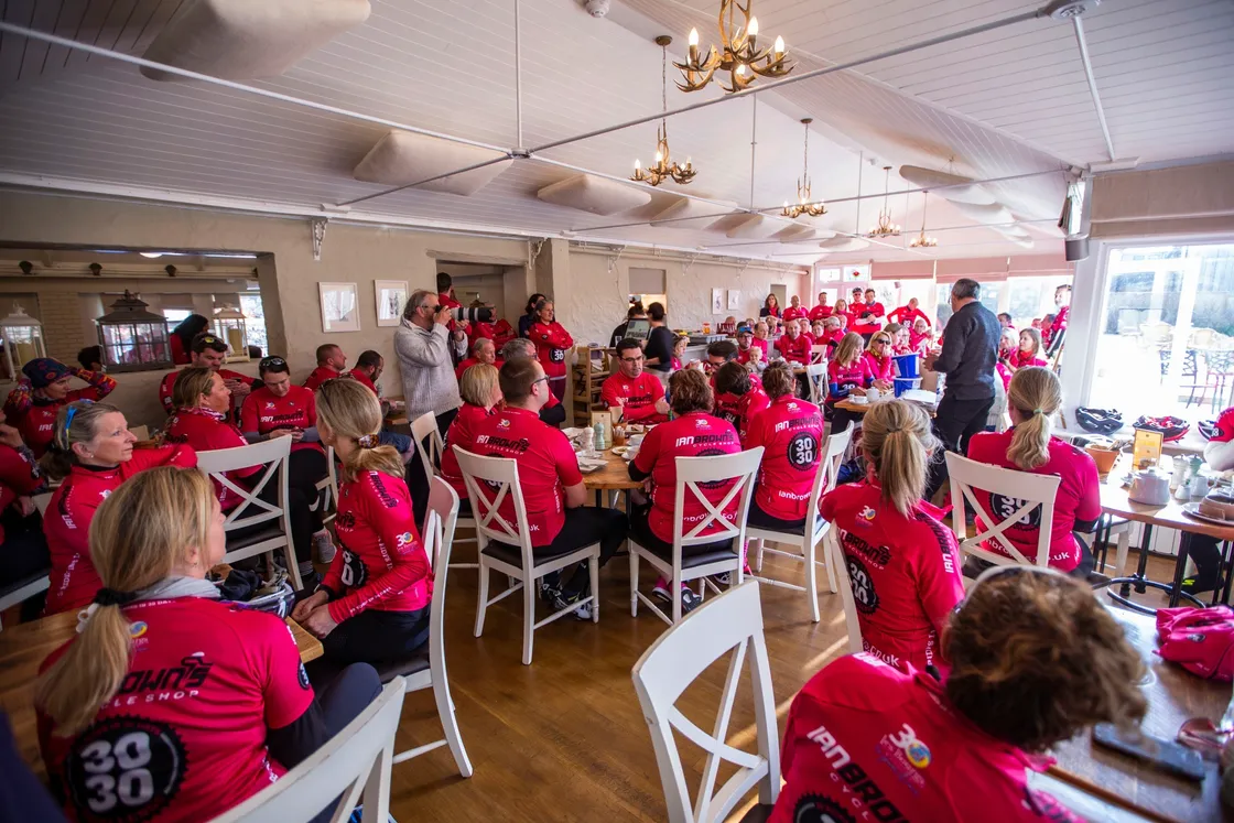 Picture by Sophie Rabey.  01-05-21.  Start of the Ian Browns 30/30 cycling challenge, raising money for Les Bourgs Hospice.  First morning meeting at Oatlands. (29501350)