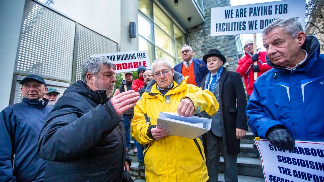 Guernsey Boatowners Association president Nick Guillemette (centre) leads the protests over proposed rises in mooring fees at the States last year