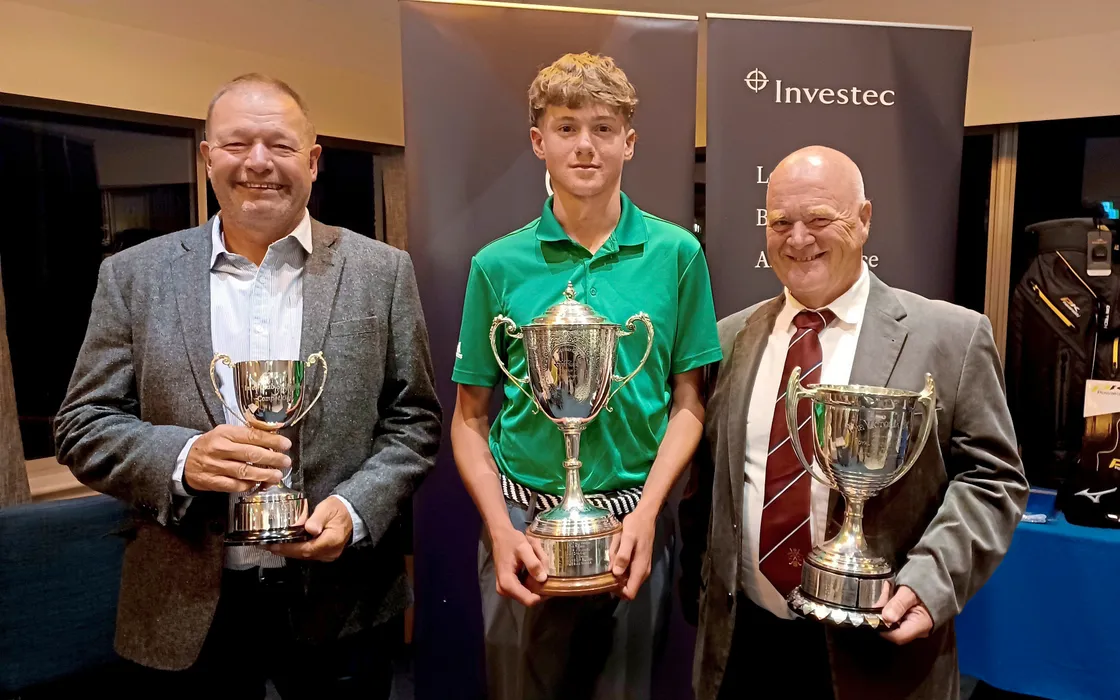 Left to right: Stableford winner Ian Garner, Investec Trophy winner Conor McKenna (scratch) and UV Trophy winner Steve Robert (handicap). Picture by Gareth Le Prevost, 14-06-24 (33333078)