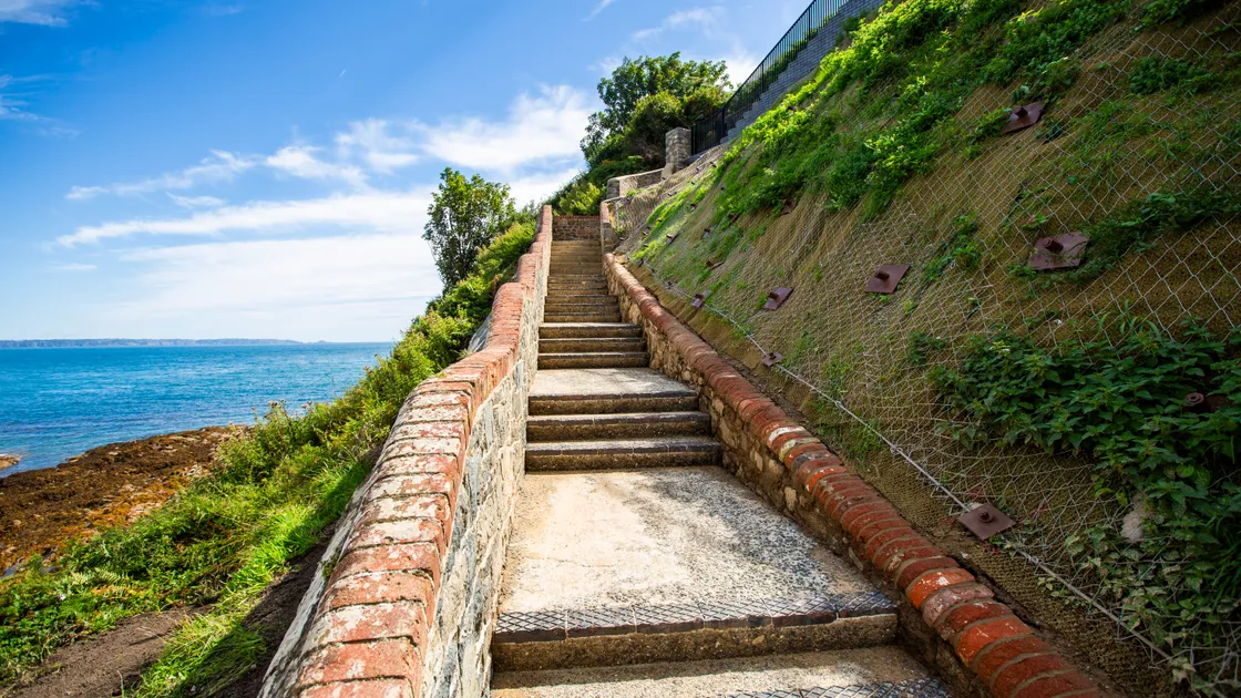 Picture by Sophie Rabey.  06-09-24.  Environment & Infrastructure have reopened the steps from La Vallette to Clarence Battery following the completion of work to stabilise the rock faces and reinstate the steps.. (33643584)