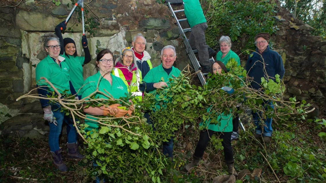 Community volunteers from Art of Living and Aspida work together to remove overgrown Ivy from what is thought to be a previously unknown farm building dating back to the 1650s. It is next to possibly one of the last 19th century quarries opened on the island.(Picture by Stacey Upson)