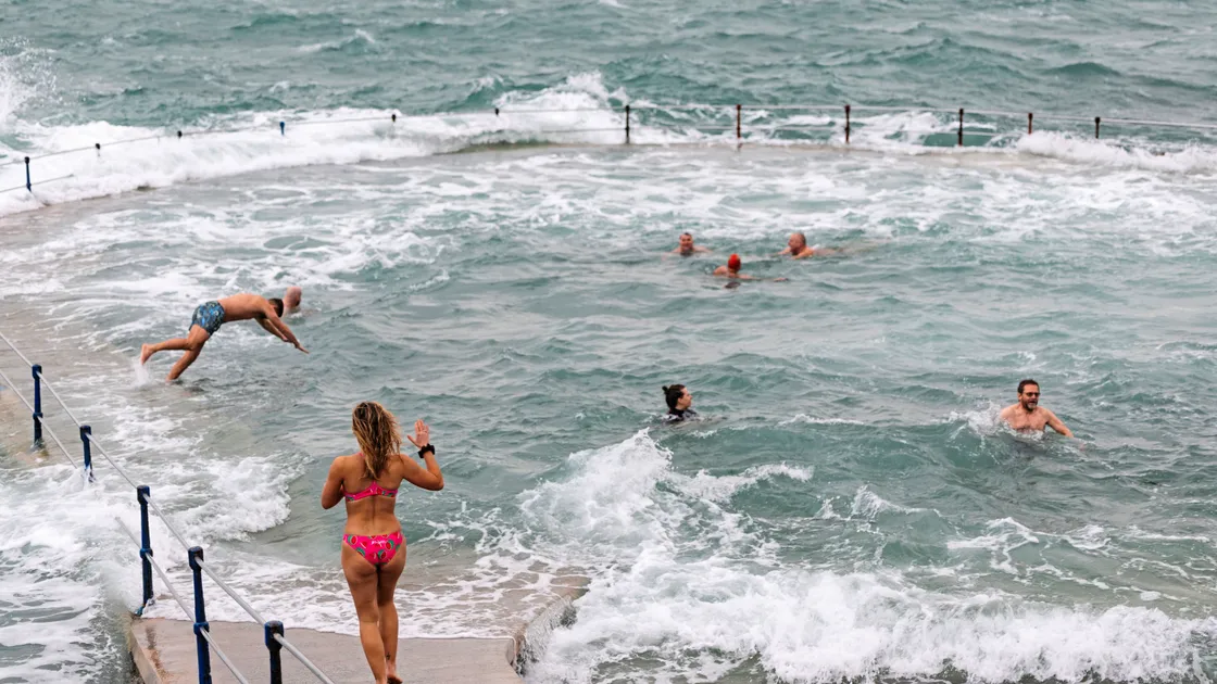 The sea was rough for the Polar Bear Swim at La Vallette bathing pools on Christmas Day but still dozens took a dip. (Picture by Sophie Rabey, 34552665