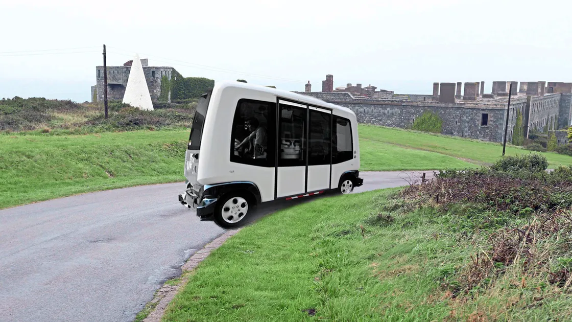 Thanks to its simple layout of comparatively wide roads and lack of heavy traffic, driverless electric vehicles could be coming to Alderney. (Picture montage by Peter Frankland, 21096761)