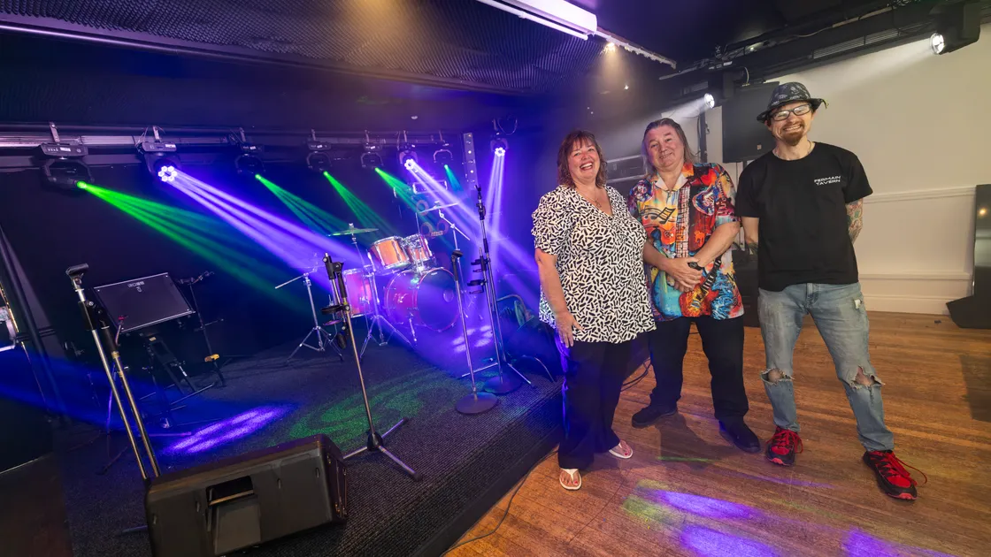 Sharon Ford has taken over the Fermain Tavern and has carried out a full refurb in the venue. She is pictured with Mark Guillou, who is the new entertainment manager and plans to hold a lot of live music, and lighting technician Craig Curzon, right. (Picture by Sophie Rabey, 34712644)