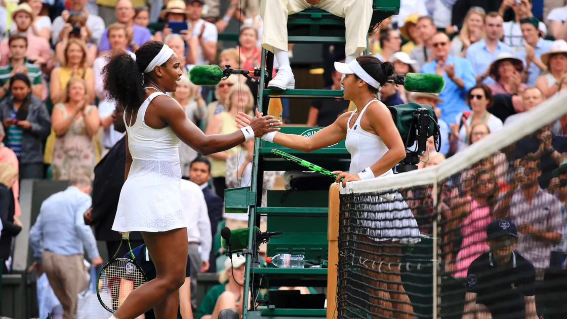 Serena Williams, left, and Heather Watson shake hands after their epic Centre Court clash at Wimbledon in 2015.