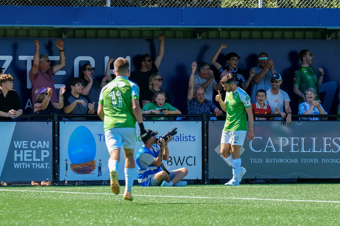 Ross Allen celebrates after scoring Guernsey FC’s first FA Cup goal at Victoria Park.