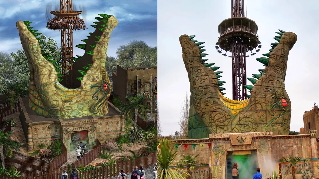 From vision to reality - the Croc Drop ride at Chessington, as visualised by Steve De La Mare and then as it appears now it is open to the public. (29443639)