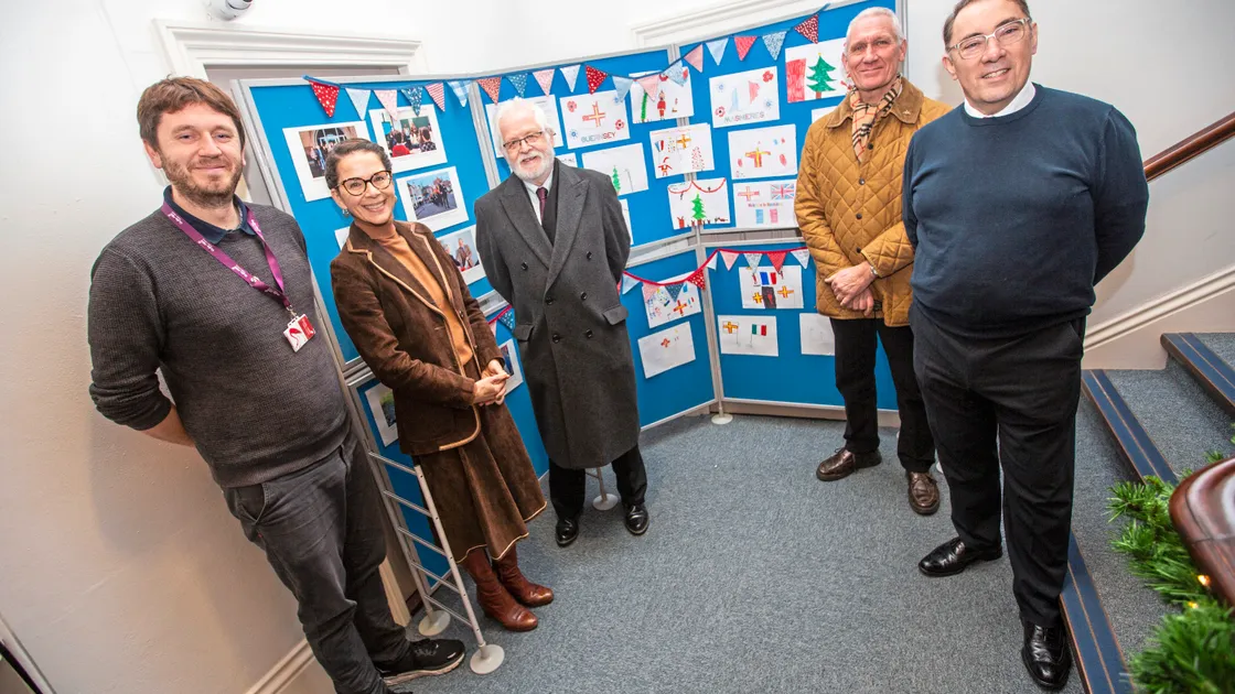 The pictures by Hostetter Elementary School pupils in Masnieres on display at the Guille-Alles Library. Left to right: Adam Bayfield from the library, Education president Andrea Dudley-Owen, St Peter Port douzenier Chris Nicolle, and Colin Dodd and Chris Oliver from the RGLI Trust. (Pictures by Sophie Rabey, 33875161)
 (Picture by Sophie Rabey, 33875161)