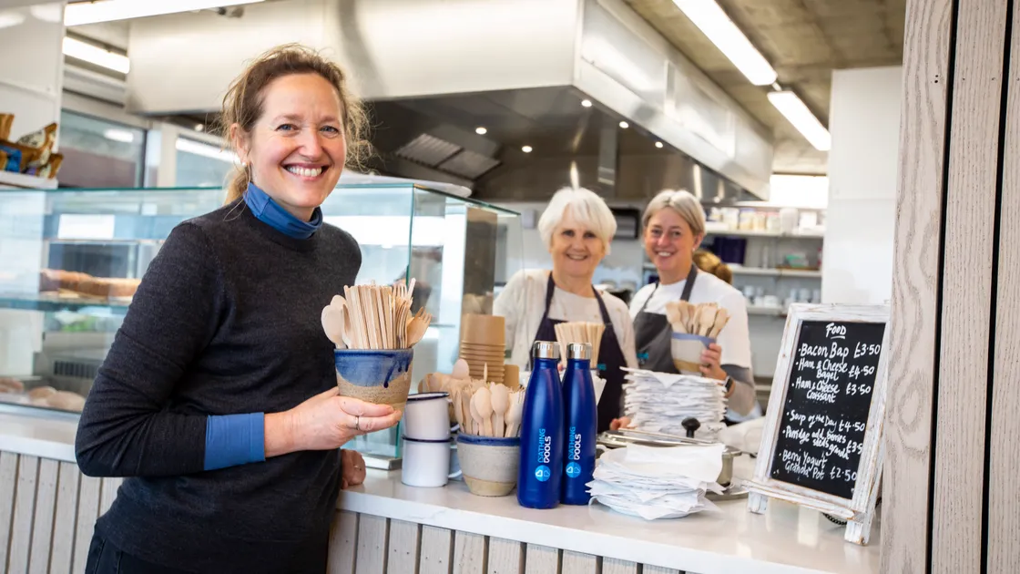 The cafe at the Bathing Pools uses wooden stirrers and spoons and Vive La Vallette direct9or and community lead Helen Bonner-Morgan, left, said the hunt was on for a more suitable lid for coffee cups. Also pictured are volunteer Sara Jonkmans, centre, and Vive La Valette director Wendy Ensink. (Picture by Luke Le Prevost, 31673019)
