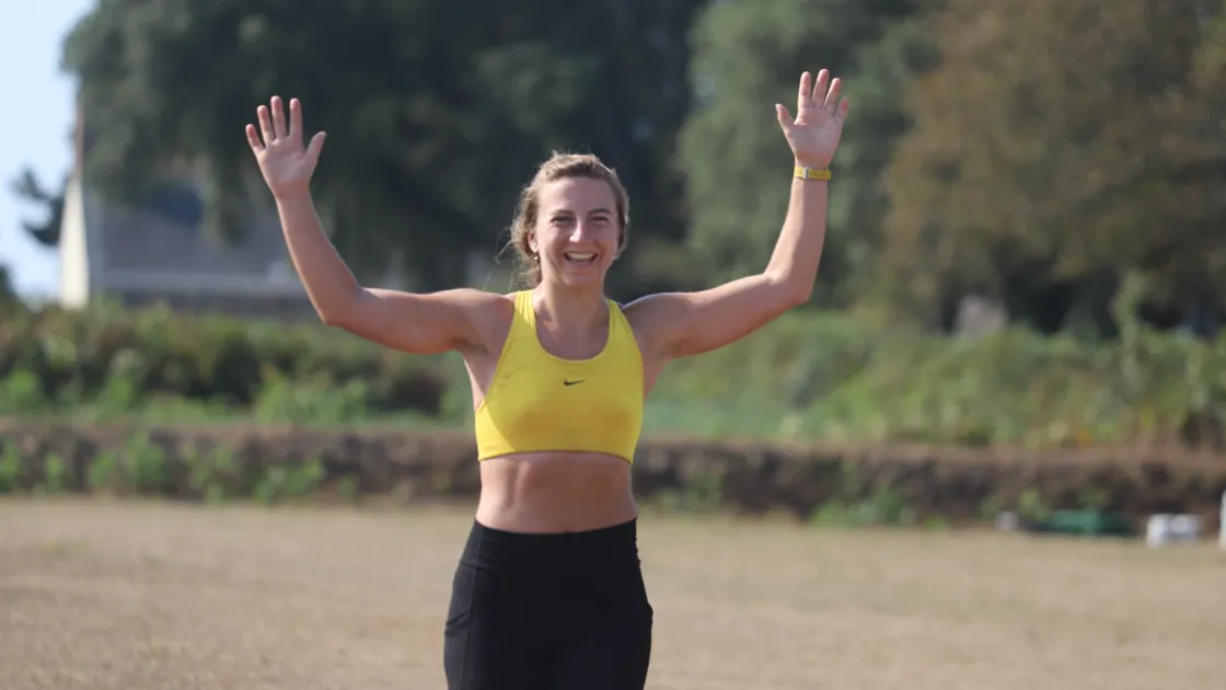 Emily Torode celebrates becoming the first female overall winner of the Donkey Drop Out, smashing the women’s record at the same time.