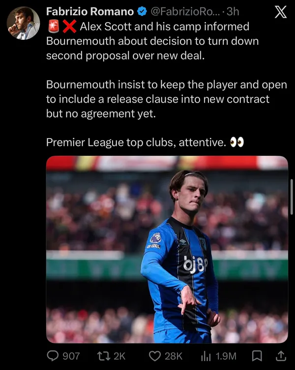 Transfer journalist Fabrizio Romano posted an update on Alex Scott’s situation.