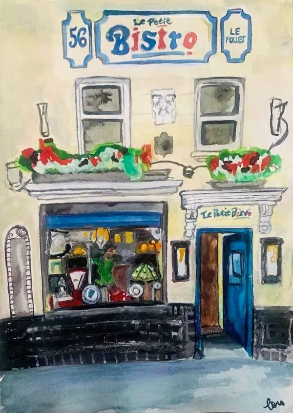 Louise's painting of Le Petit Bistro, the now closed restaurant which used to be at the junction of Le Truchot and the Lower Pollet, is now on display in the French Consulate in London.