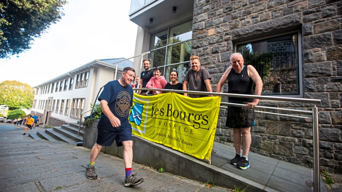 Charity fundraiser for Les Bourgs where Royal Court officials do laps around the building. L-R - Simon Hamon, Ed Mason-Smith, Amy Hallett, Fionnuala Connolly, Laurence Hill-Tout and Russell Finch. (33679034)