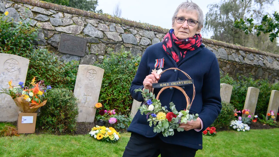 Chris Cannon at yesterday’s memorial service. Her late father Alan Cowley survived the sinking of the Charybdis. (Picture by Andrew Le Poidevin, 33638040)