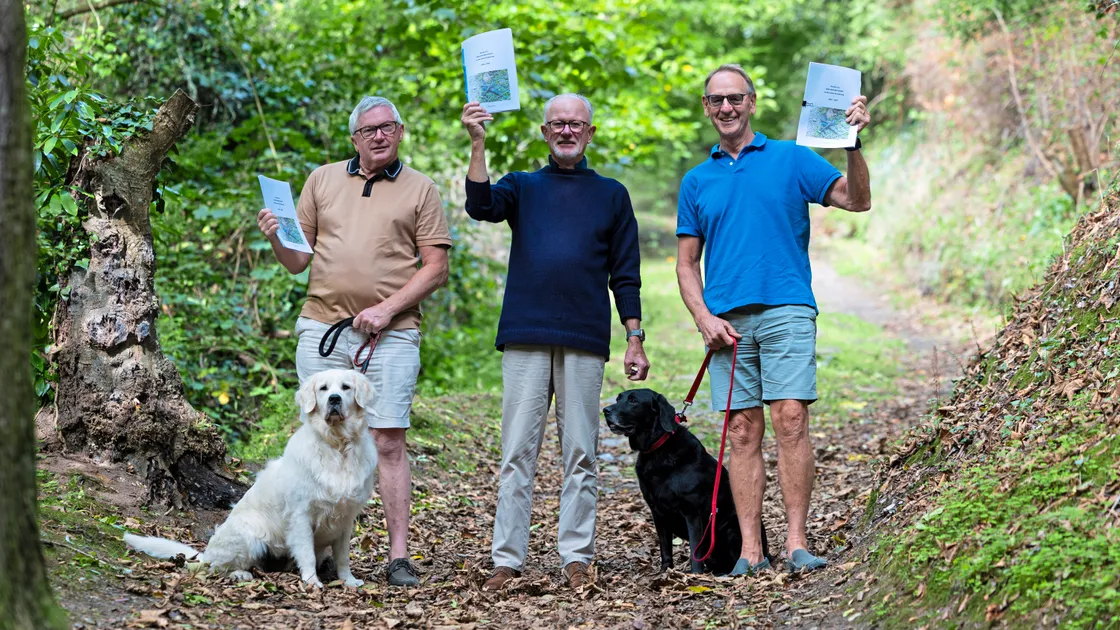 The results of a long-running dog-fouling survey have been released. Left to right, St Martin’s senior constable Dave Beausire, with Bodie, survey organiser Angus Bodman, and Paul Bugden of the Clean Earth Trust with Jack.					 (Picture by Peter Frankland, 34412635)