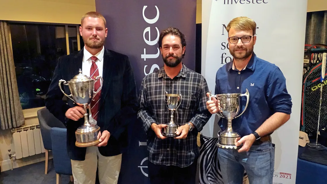 Left to right: Investec Trophy winner Rory McKenna, Intercub Stableford winner George Van Der Tang and UV Trophy winner Henry Carre.