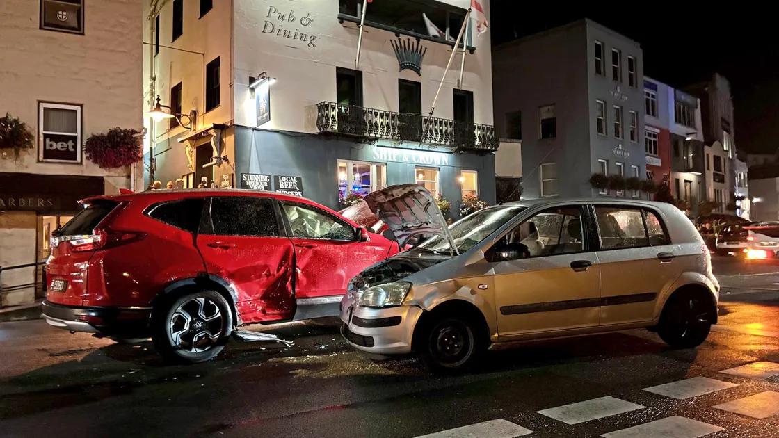 Two cars collided outside the Ship & Crown pub at 10.20pm